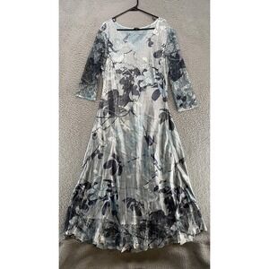 Komarov Dress Womens 3X Blue Floral Crinkle Maxi 3/4 Sleeve Charmeuse Formal